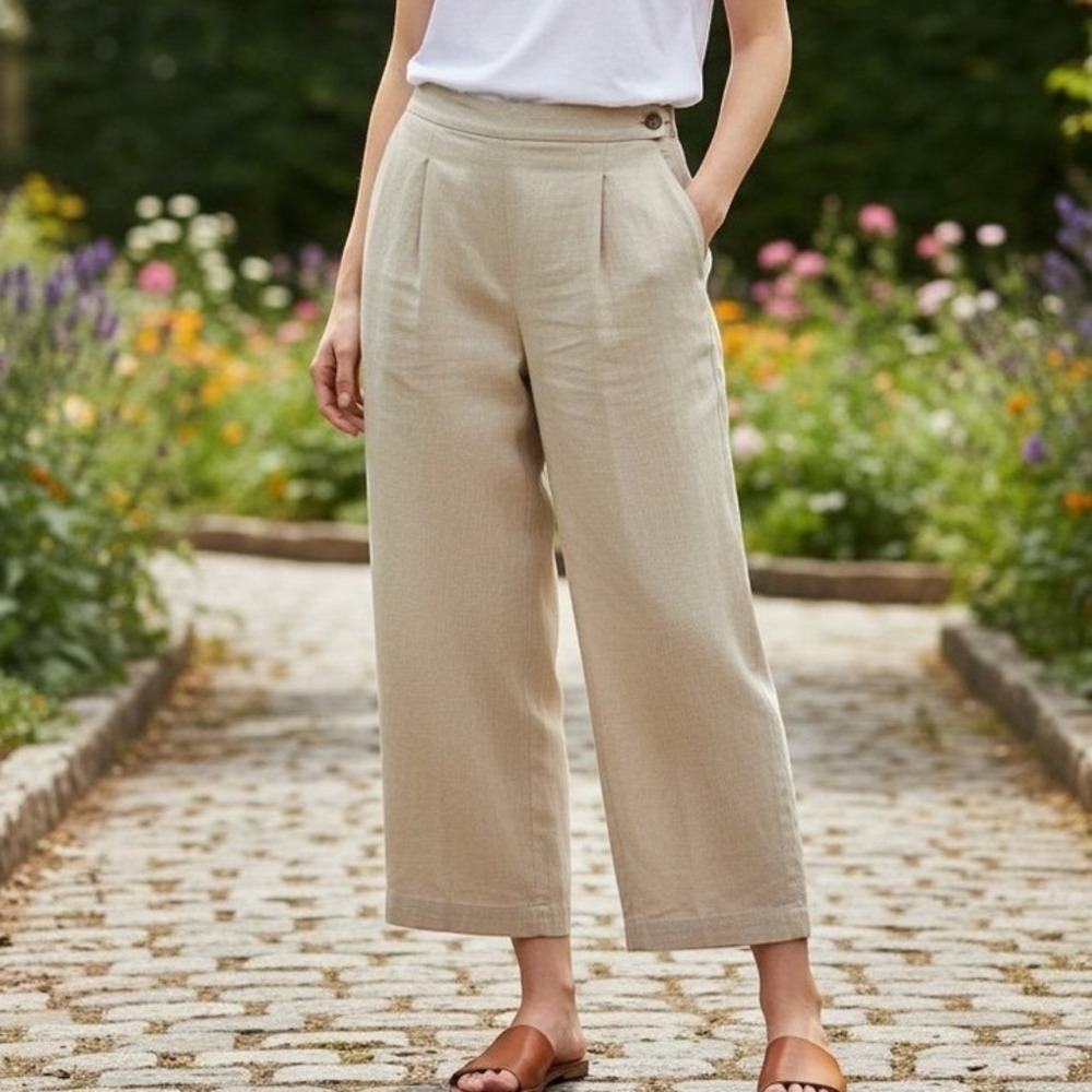 Herman Geist Wide Leg Linen Pants Womens 16 Beige Pleated High Waist Cropped